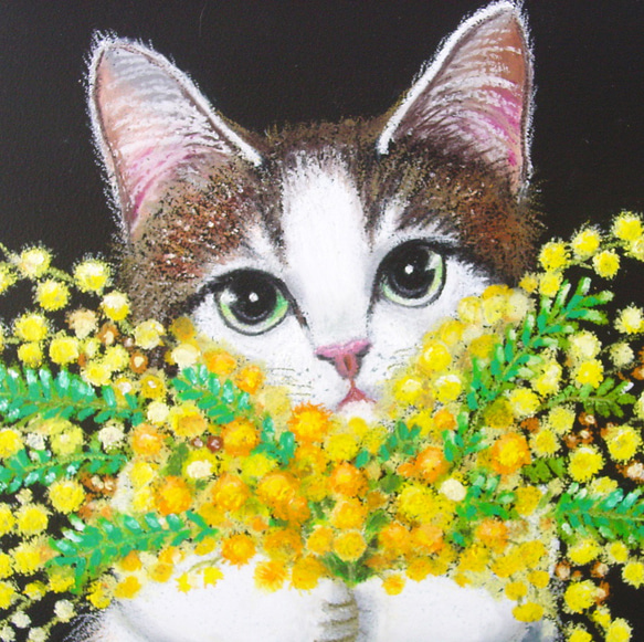 ミモザを抱えた猫さん・春色・花束・感謝・友情・みんなで分けよ！・ふさふさ・ぽんぽん・パステル画・一点物・フレーム付き 3枚目の画像