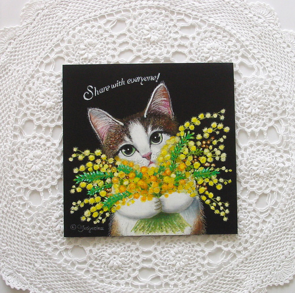 ミモザを抱えた猫さん・春色・花束・感謝・友情・みんなで分けよ！・ふさふさ・ぽんぽん・パステル画・一点物・フレーム付き 5枚目の画像