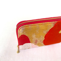 【大容量】obi長財布　「赤×椿」　帯/シルク/ファスナー 8枚目の画像