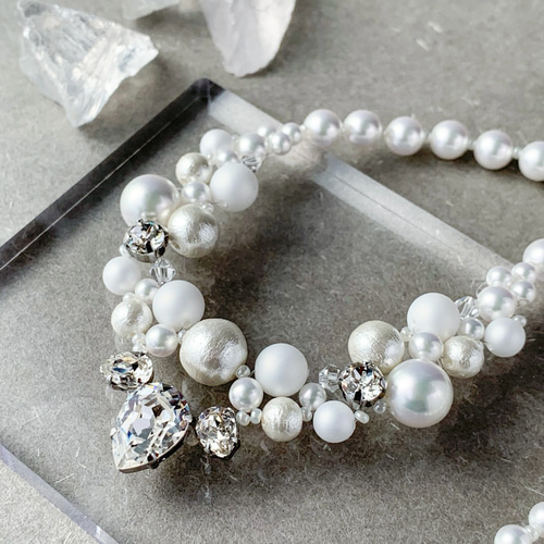 ホワイト/輝く雫クリスタルパールネックレス＜結婚式 七五三 卒業式