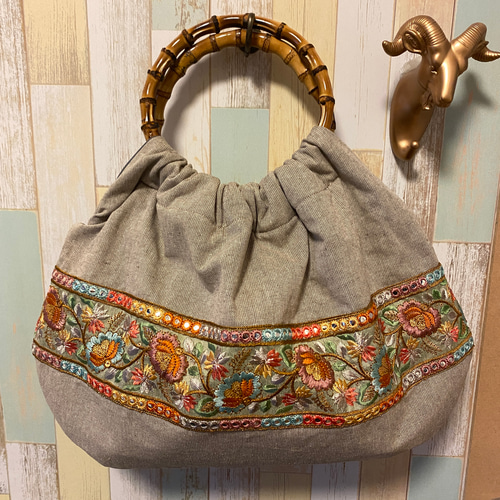 リンググラニーバッグ バンブー インド刺繍リボン パステルカラー  