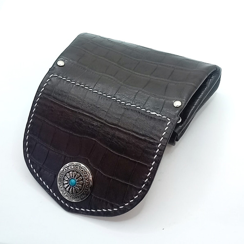 本革レザーミニウォレットワニ革クロコ爬虫類牛革型押しダークブラウン