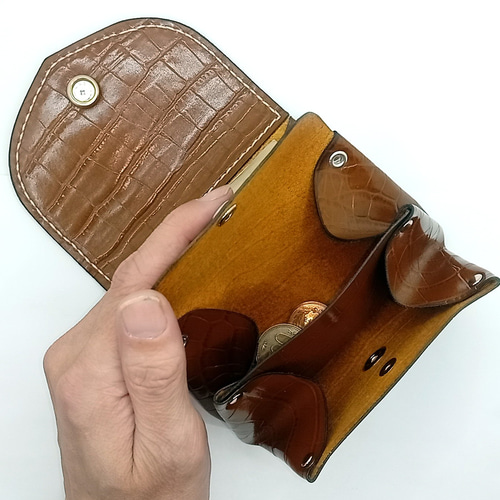 本革レザーミニウォレットワニ革クロコ牛革型押しブラウン