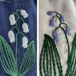 春　すずらん刺繍❤️ナチュラル綿ガーゼ❤️可愛いバネ口ポーチ❤️ホワイト　ネイビー 3枚目の画像