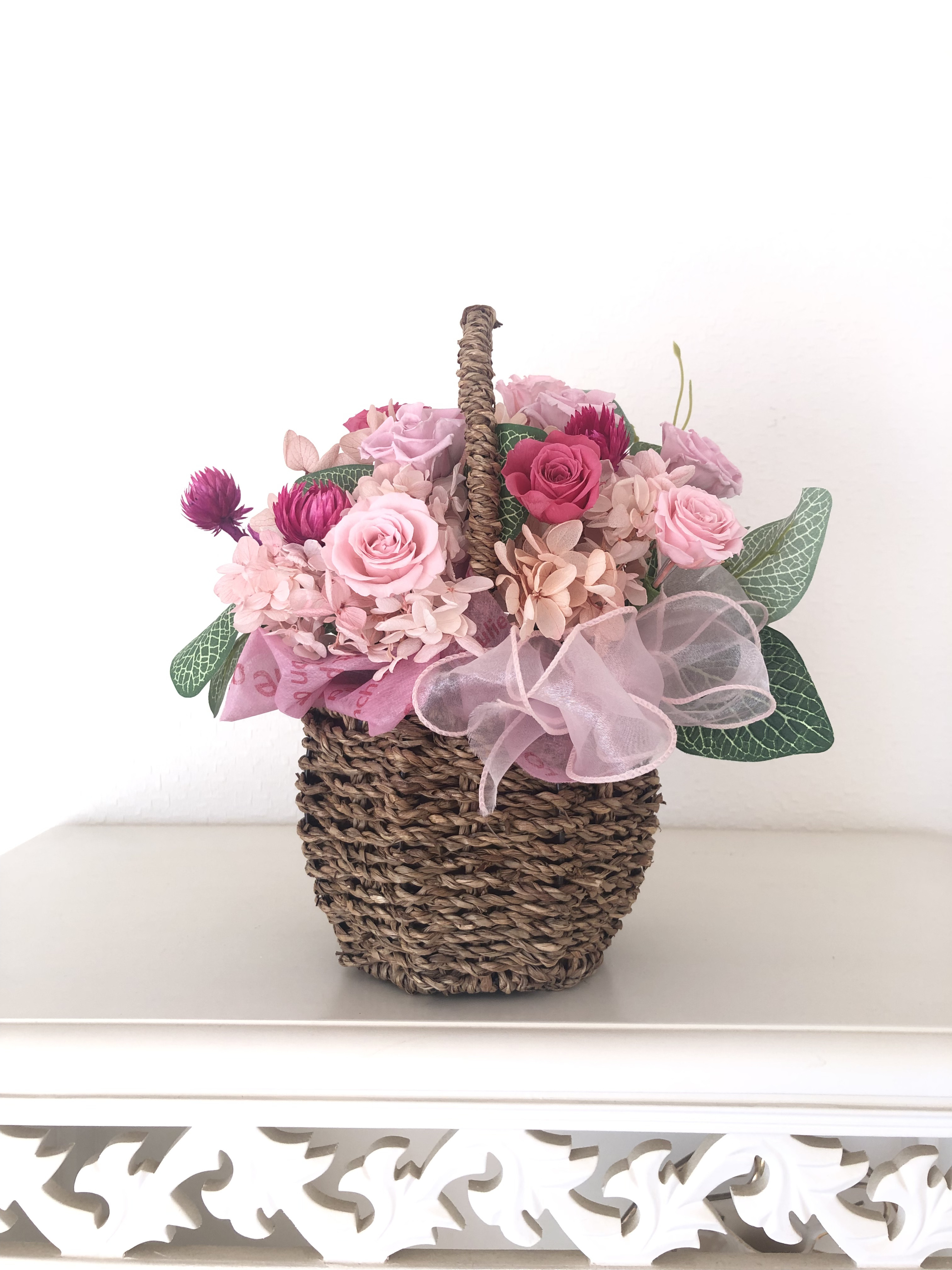 バスケットアレンジメント♡プリザーブドフラワーアレンジピンク系♡お誕生日プレゼント