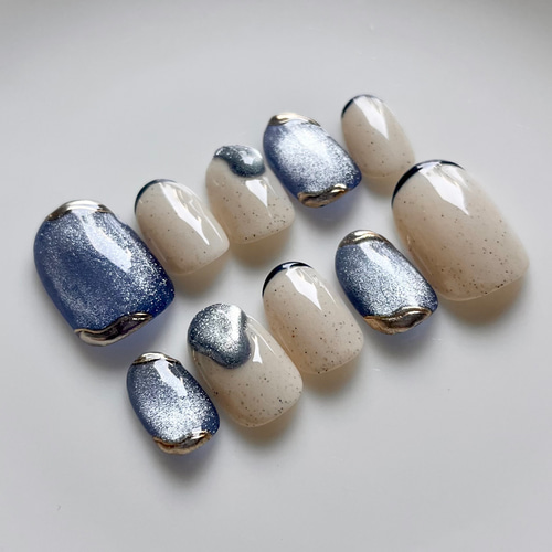 ネイルチップ ブルー ぷっくり マグネット 青 つぶつぶ 夏 春 ネイル