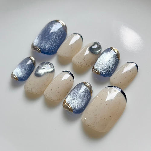 ネイルチップ ブルー ぷっくり マグネット 青 つぶつぶ 夏 春 ネイル