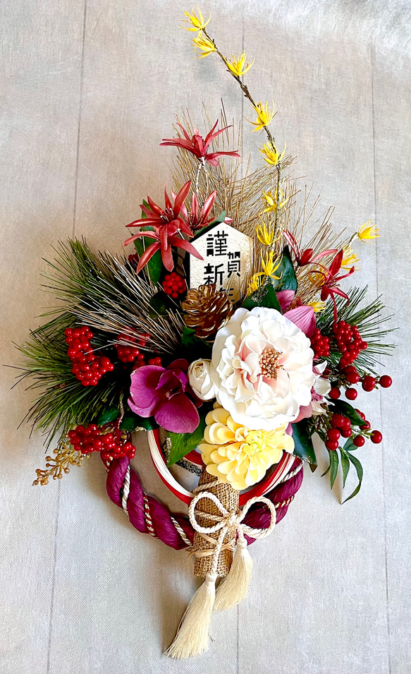 No.wreath-15536/迎春しめ縄リース(正月) 23-(11) 52x30cm/アーティフィシャルフラワー造花 2枚目の画像