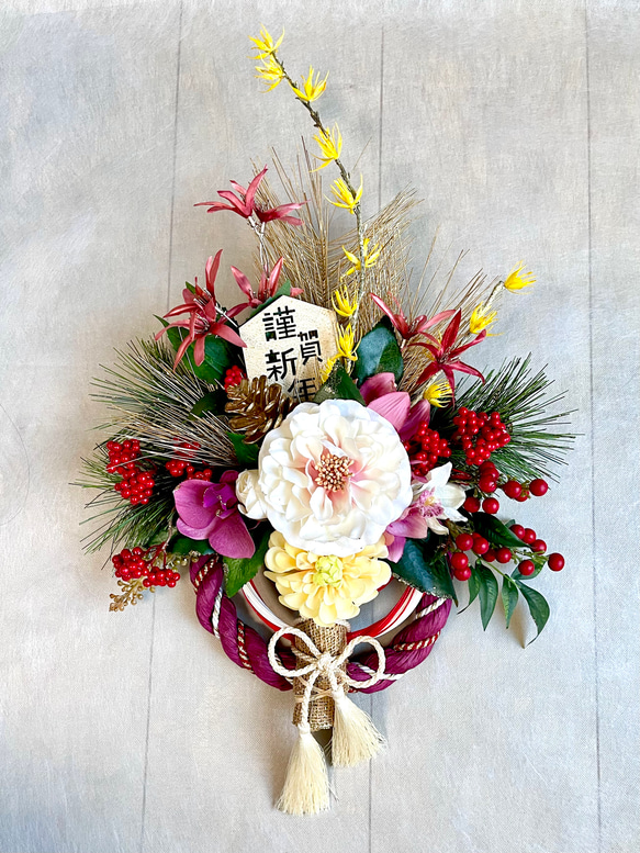 No.wreath-15536/迎春しめ縄リース(正月) 23-(11) 52x30cm/アーティフィシャルフラワー造花 1枚目の画像