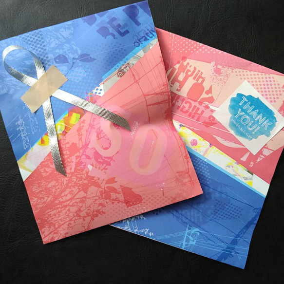 小袋10枚セット～　コラージュ柄　ブルー×ピンク　平袋 ラッピング袋 1枚目の画像