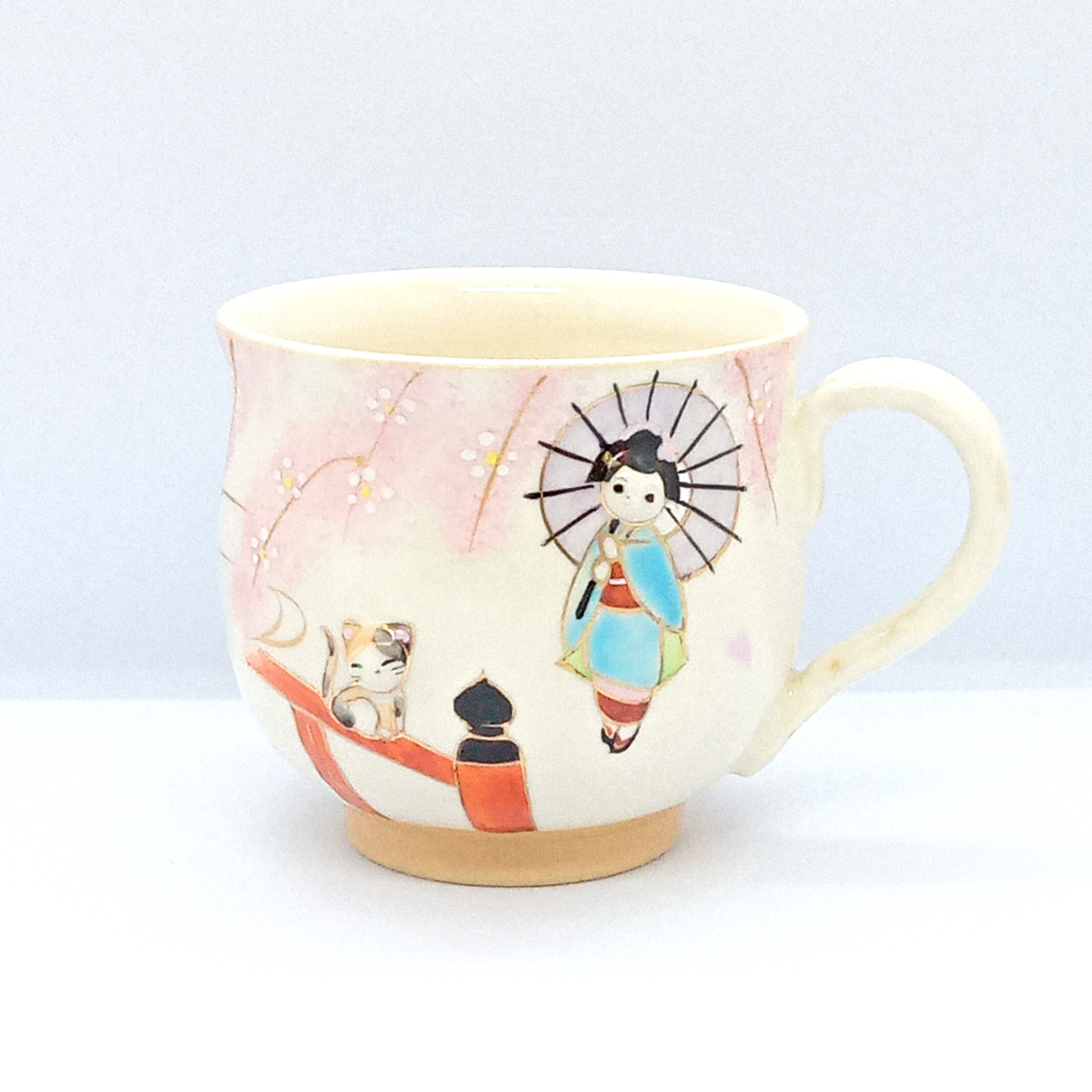 ''PUKKURI''マグ「舞妓とねこ」京焼・清水焼　京都　伝統工芸品　清水焼　猫　桜　舞妓
