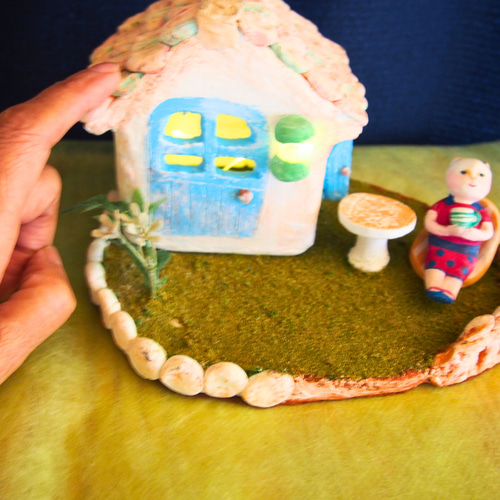 手作り粘土人形ハウス時計 灯台とヨット ・ #ちびはうす #家オブジェ #小さいおうち #おうち