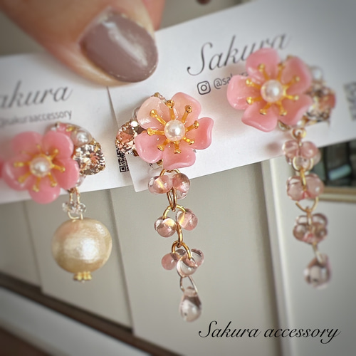 桃の花 ガラスビーズ ピアス イヤリング スワロフスキー ピアス