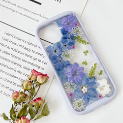 紫陽花のiFace風押し花スマホケース、iPhoneのみ対応、手帳型、iPhone15、iPhone15pro 1枚目の画像