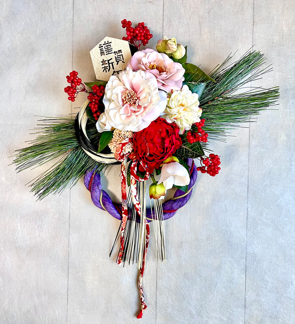 No.wreath-15537/迎春しめ縄リース(正月) 23-(12) 50x40cm/アーティフィシャルフラワー造花 1枚目の画像