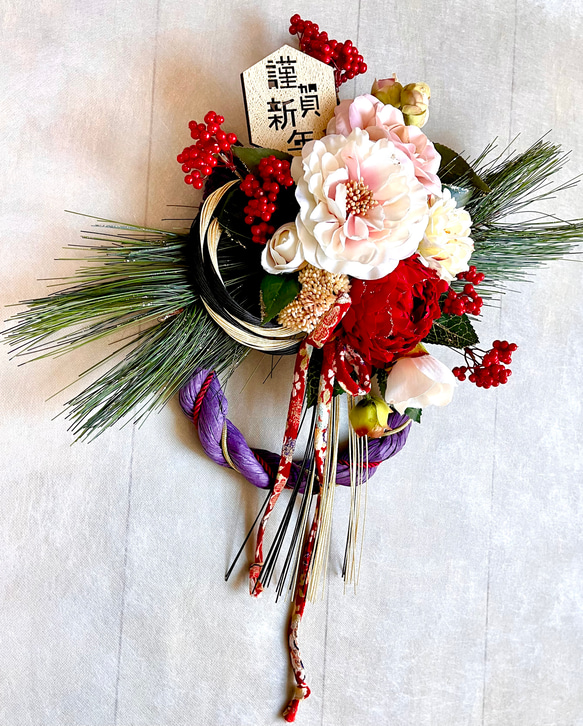 No.wreath-15537/迎春しめ縄リース(正月) 23-(12) 50x40cm/アーティフィシャルフラワー造花 3枚目の画像