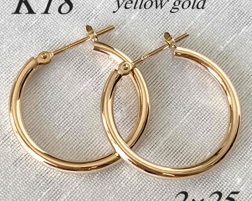 再入荷♪ 18金【2×13mm 定番フープピアス】イエローゴールド 刻印入新品！ 地金＊18金【2×25mm 定番フープピアス】イエローゴールド 刻印入