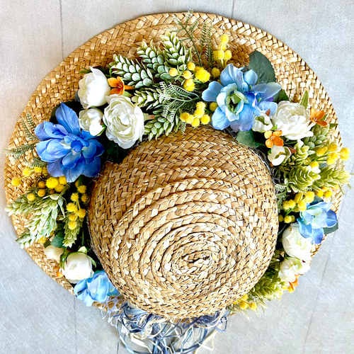 ★お求めやすく価格改定★ No.wreath-15540/麦わら帽子のリース) 24-(2) 53x36cm/アーティ フラワー・リース