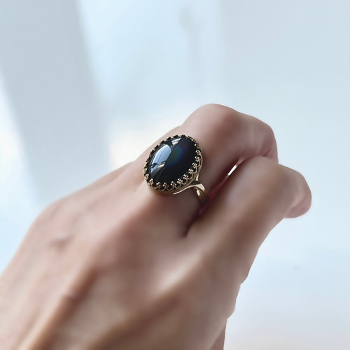 真鍮☆大粒☆レインボーオブシディアン☆10〜16号フリーサイズ☆16