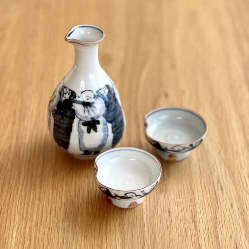 京焼・清水焼】京都 水野春陽窯 染付 唐人 酒器セット おちょこ