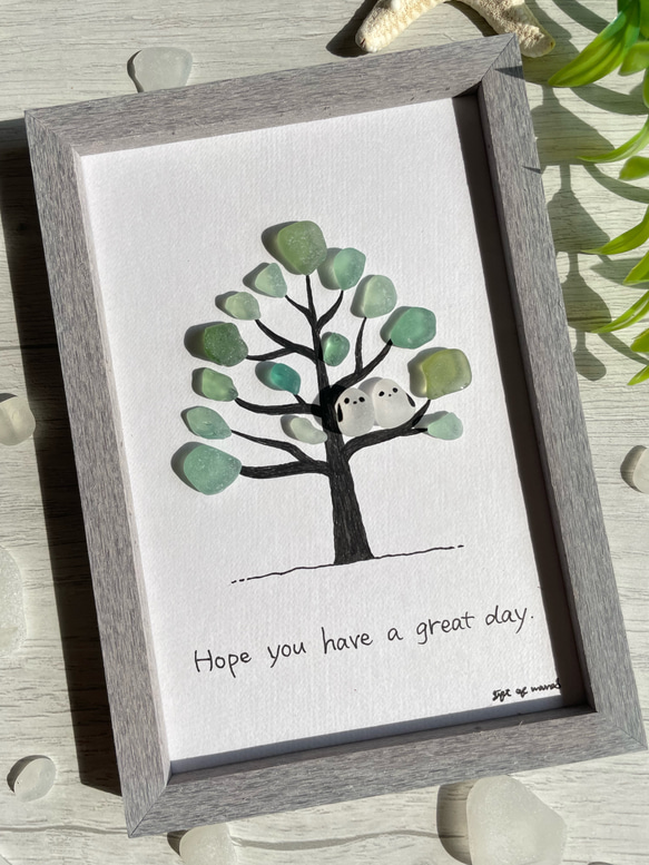 シーグラス　シマエナガ　ツリー　木に止まる鳥　シーグラスアート　インテリア雑貨　ガラス　海　置物　壁掛け 1枚目の画像