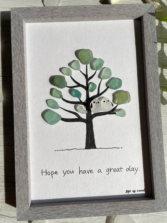 シーグラス　シマエナガ　ツリー　木に止まる鳥　シーグラスアート　インテリア雑貨　ガラス　海　置物　壁掛け 3枚目の画像