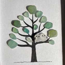 シーグラス　シマエナガ　ツリー　木に止まる鳥　シーグラスアート　インテリア雑貨　ガラス　海　置物　壁掛け 2枚目の画像