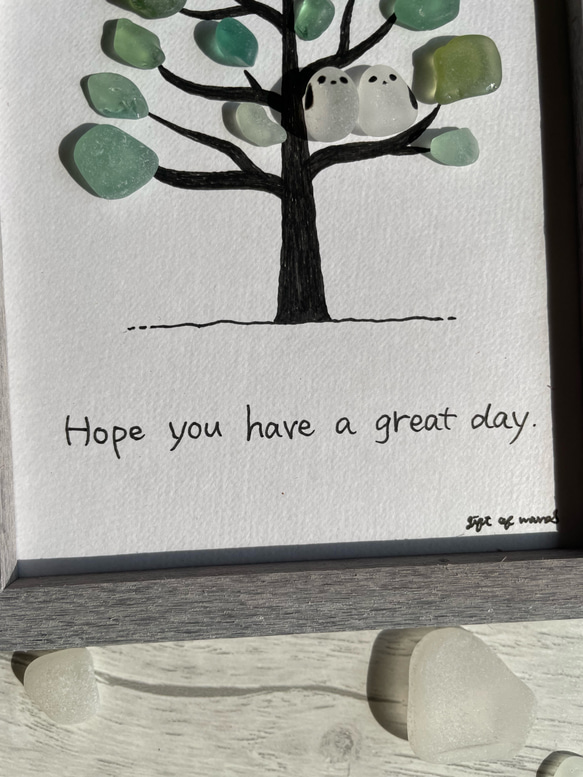 シーグラス　シマエナガ　ツリー　木に止まる鳥　シーグラスアート　インテリア雑貨　ガラス　海　置物　壁掛け 4枚目の画像