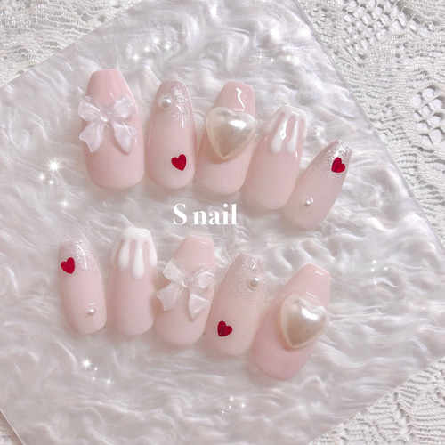 ネイルチップ オーダー フレンチガーリー リボン 韓国 推し マグネット 3d