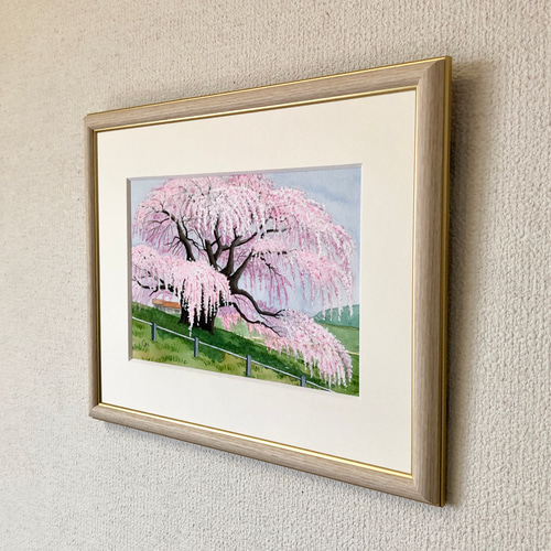 三春滝桜」透明水彩画 原画 風景画 額縁付 SMサイズ 絵画 Oni 三春滝桜」透明水彩画 原画 風景画 額縁付 SMサイズ 絵画 Oni