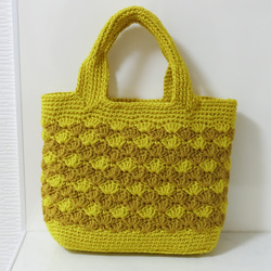 ちょっとお買い物！手編みミニトートバッグ 　小麦色濃淡　松編み　 1枚目の画像