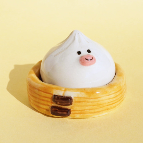 陶器]肉まん文鳥さん[せいろ付き 置物] その他置物