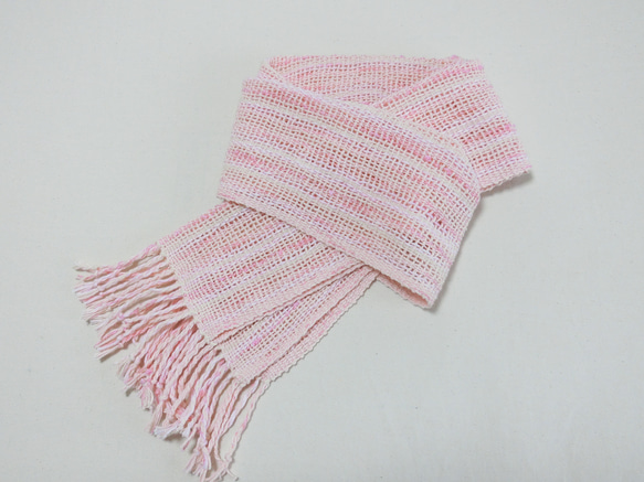 桜色の手織りコットンストール 6枚目の画像