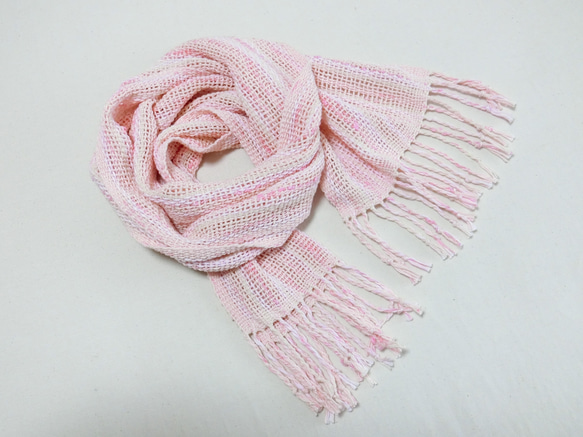 桜色の手織りコットンストール 2枚目の画像