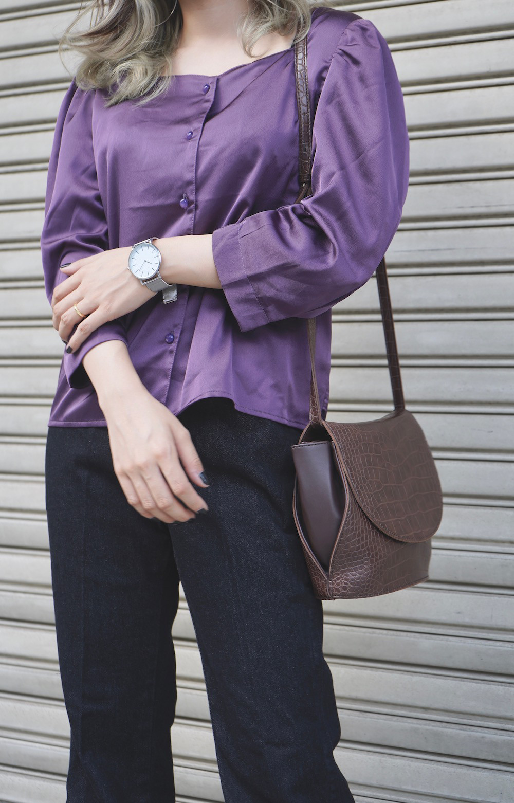 Satin Puffsleeve Blouse (purple) 長袖ブラウス パープル 紫 カジュアル