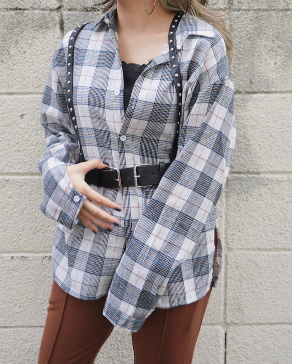 Color Mix Tartan Check Unisex Big Shirts (off white) シャツ　白 4枚目の画像