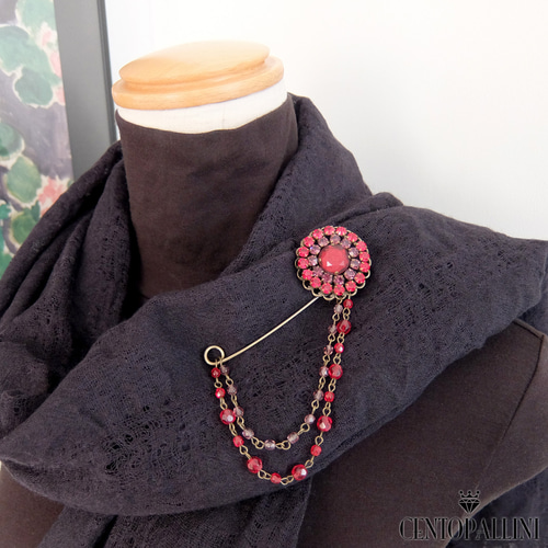 チェコビーズチェーン付きスワロラインストーン ピンブローチ