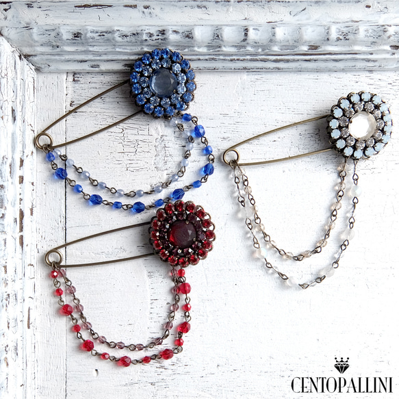 チェコビーズチェーン付きスワロラインストーン ピンブローチ