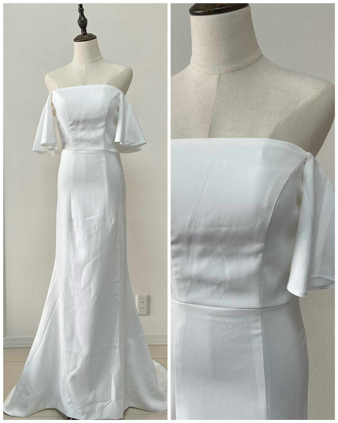 ウェディングドレス　サテン　フレア袖　オフショルダー　前撮りドレス　二次会　ウエディングフォト（WD242001）