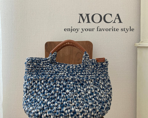 裂き編みバッグ ❃ティールブルーのチェック❃ かごバッグ moca 通販