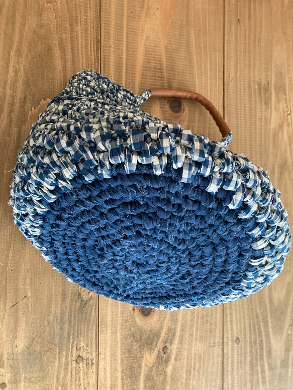 裂き編みバッグ　❃ティールブルーのチェック❃ 2枚目の画像