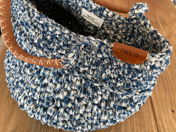 裂き編みバッグ　❃ティールブルーのチェック❃ 4枚目の画像