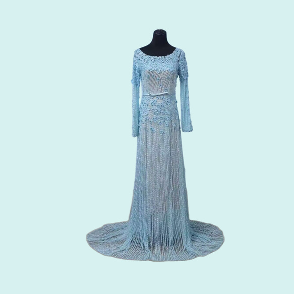 ハンドメイドカラードレス　ブルー　トレーン　ビジュードレス　トレーン 1枚目の画像