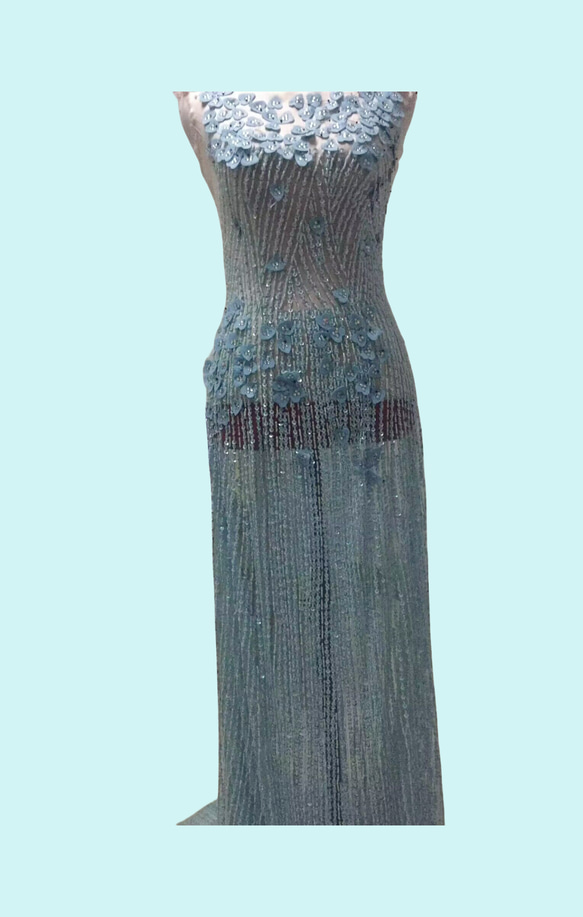 ハンドメイドカラードレス　ブルー　トレーン　ビジュードレス　トレーン 2枚目の画像
