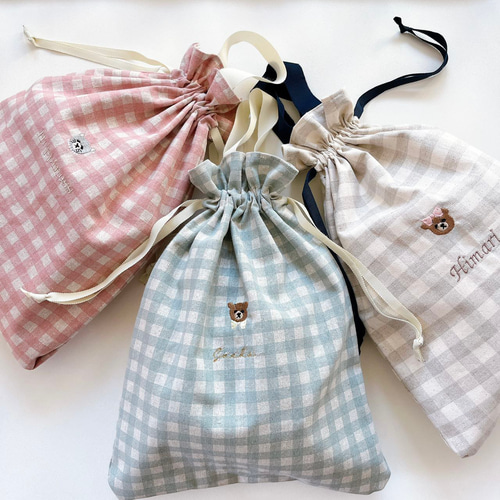 名入れ可】名入れ可＊刺繍の巾着袋 Mサイズ｜A4対応・お着替え袋・入園