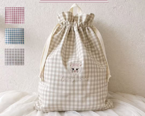 名入れ可】名入れ可＊刺繍の巾着袋 Mサイズ｜A4対応・お着替え袋・入園