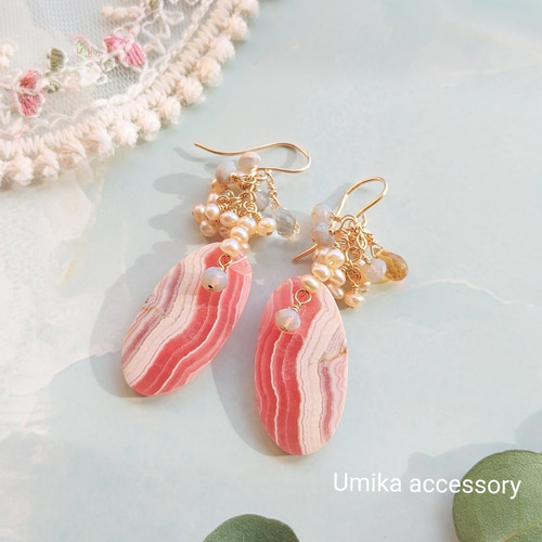 インカーローズ&ふさふさ淡水パール春色ピアス14kgf～一点物 ピアス