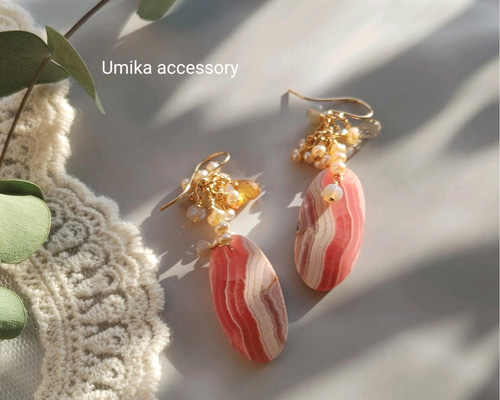 インカーローズ&ふさふさ淡水パール春色ピアス14kgf～一点物 ピアス