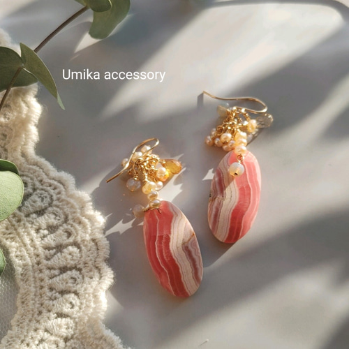 インカーローズ&ふさふさ淡水パール春色ピアス14kgf～一点物 ピアス