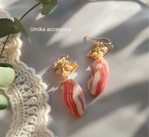 インカーローズ&ふさふさ淡水パール春色ピアス14kgf～一点物 ピアス